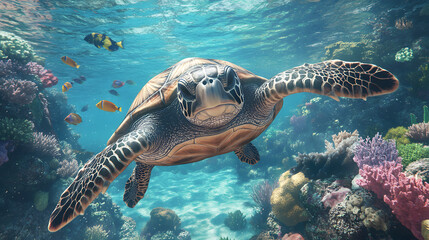 Fototapeta premium A majestic sea turtle gracefully glides through the crystal-clear waters 