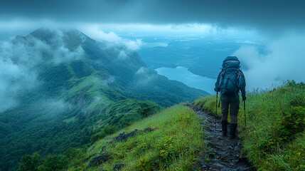 Hiker on mountain path, misty view, serene landscape, travel adventure, tranquil nature