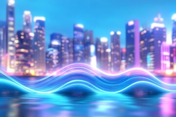 Abstract blue digital sound wave with a ship and city background