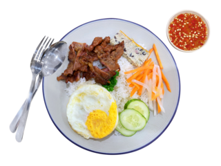 Vietnamese Broken Rice is served with grilled pork. Com tam suon bi cha. Broken rice with grilled pork chop, meatloaf and shredded pork skin. Vietnamese combination broken rice. Cơm Tấm Sườn Bì Chả. 