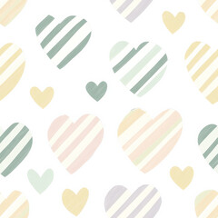 A seamless pattern of striped hearts in alternating pastel colors, arranged in a diagonal layout for a modern and stylish look. Perfect for kids' fabric and stationery
