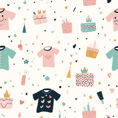 A cute baby birthday pattern featuring soft pastel onesies, tiny presents, and birthday crowns