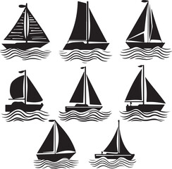 set of vector sailboat, sailboat on the sea-water wave silhouettes