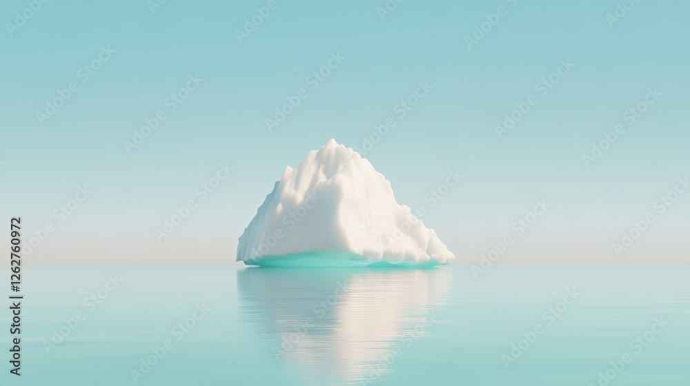 Poster large iceberg with visible portion floating in calm, serene ocean waters under a clear blue sky, cre