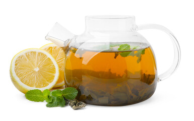 Aromatic mint tea with lemon, fresh and dried leaves isolated on white