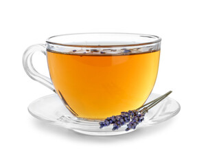 Aromatic lavender tea in glass cup and dry flowers isolated on white
