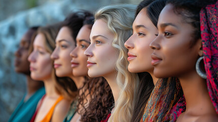 Obraz premium A group of women from various cultural and ethnic backgrounds stands in a row, showing diversity and unity. high resolution and a clean, sharp image