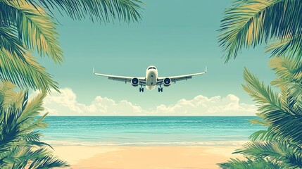 Plane flying over a sandy beach with palm trees, capturing a tropical vacation vibe and a serene coastal view.