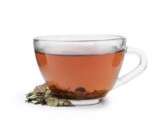 Delicious herbal tea and dry leaves isolated on white