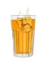 Refreshing tea with ice cubes splashing out of glass on white background