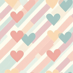 A seamless pattern of striped hearts in alternating pastel colors, arranged in a diagonal layout for a modern and stylish look. Perfect for kids' fabric and stationery