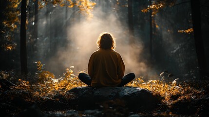 Obraz premium Woman meditating in autumn forest, peaceful scene, suitable for wellness or nature