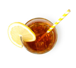 Refreshing tea with ice cubes, slice of lemon and drinking straw isolated on white, top view