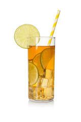 Refreshing tea with ice cubes, slices of lime and drinking straw isolated on white