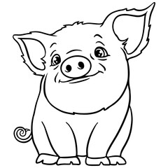 Cute pig illustration in black and white. Adorable piglet with large ears, curly tail, and a friendly smile. Perfect for coloring books, farm-themed designs, children's prints, and cartoon projects.