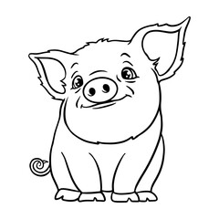 Cute pig illustration in black and white. Adorable piglet with large ears, curly tail, and a friendly smile. Perfect for coloring books, farm-themed designs, children's prints, and cartoon projects.