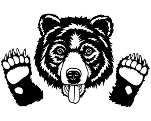 Black and white vector illustration of a grizzly bear with paws raised and tongue out. Perfect for tattoo designs, stickers, logos, and wildlife-themed artworks.