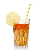 Refreshing tea with ice cubes, slice of lemon and drinking straw isolated on white