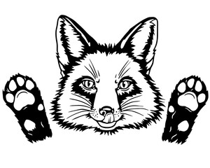 Black and white vector illustration of a playful fox with expressive eyes, raised paws, and a cheeky tongue-out expression. Perfect for tattoos, stickers, logos, and wildlife-themed designs.