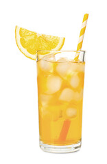 Refreshing iced tea with slice of lemon and drinking straw in glass isolated on white