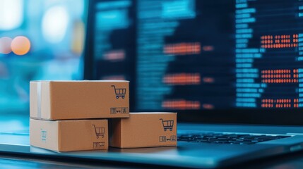 A close-up of three stacked delivery boxes next to a laptop displaying data analytics, symbolizing e-commerce and logistics.