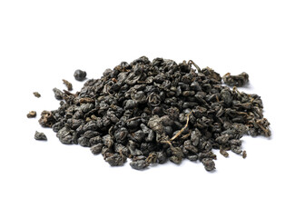 Pile of dry tea leaves isolated on white
