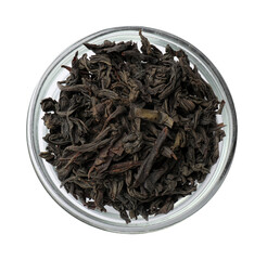 Dry tea leaves in bowl isolated on white, top view