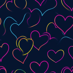 A seamless pattern of neon hearts glowing against a dark navy background, creating a modern and dynamic look. Perfect for trendy children's clothing or accessories