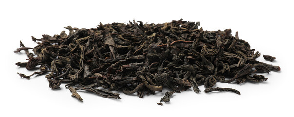 Pile of dry tea leaves isolated on white