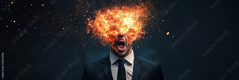 Poster Stressed businessman exploding head with fire and sparks due to information overload and burnout, experiencing a migraine and screaming, on dark background