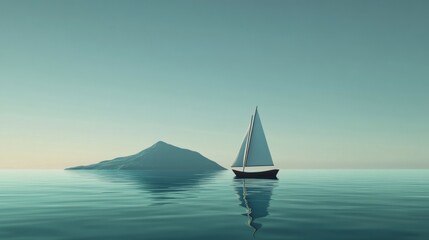 Sailboat on calm ocean near island at sunset.