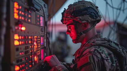 A soldier in tactical gear works diligently on a communication device as twilight descends, surrounded by military personnel engaged in various tasks.