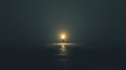 Lone light in dark foggy landscape.