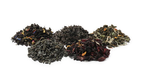 Different types of tea brew isolated on white