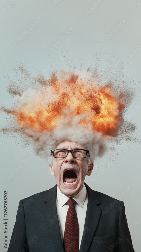 Poster senior businessman in a suit and tie screaming with an exploding head, vividly illustrating the over