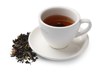 Aromatic tea and dried leaves isolated on white