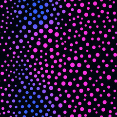 A neon light dot pattern, where glowing pink and blue dots shine against a deep black background, creating a retro-futuristic effect