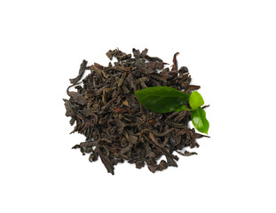 Pile of dried tea leaves isolated on white, top view
