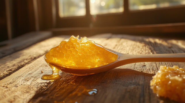 Honeycomb on wooden spoon in warm sunlight, Rosh Hashanah celebration