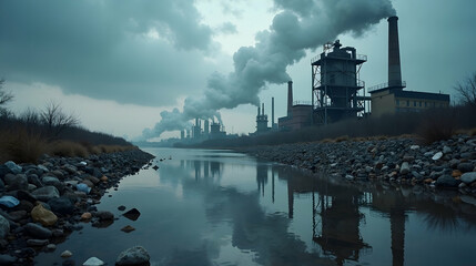 Fototapeta premium Smokestacks loom over a tranquil river, reflecting a grim industrial landscape. Pollution's shadow falls heavy.