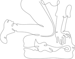 Continuous one line drawing packing luggage. Hands and feet close the suitcase.Packing for vacation. One continuous line isolated minimal illustration.Not AI.