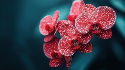 Vibrant red orchids with water droplets, botanical garden reflection © AFFANYUDA