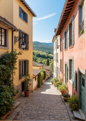 Fototapeta premium Vibrant Mediterranean village street with colorful houses, blooming flowers, and a scenic cobblestone path leading to breathtaking countryside views on a sunny summer day