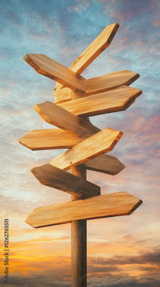 Poster Wooden signpost with many arrows pointing in different directions at sunset symbolizing choices, decisions, and the concept of fobo - fear of better options -