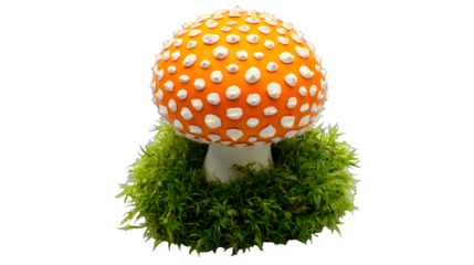 an orange and white mushroom on top of moss PNG image, PNG file, Generative art.