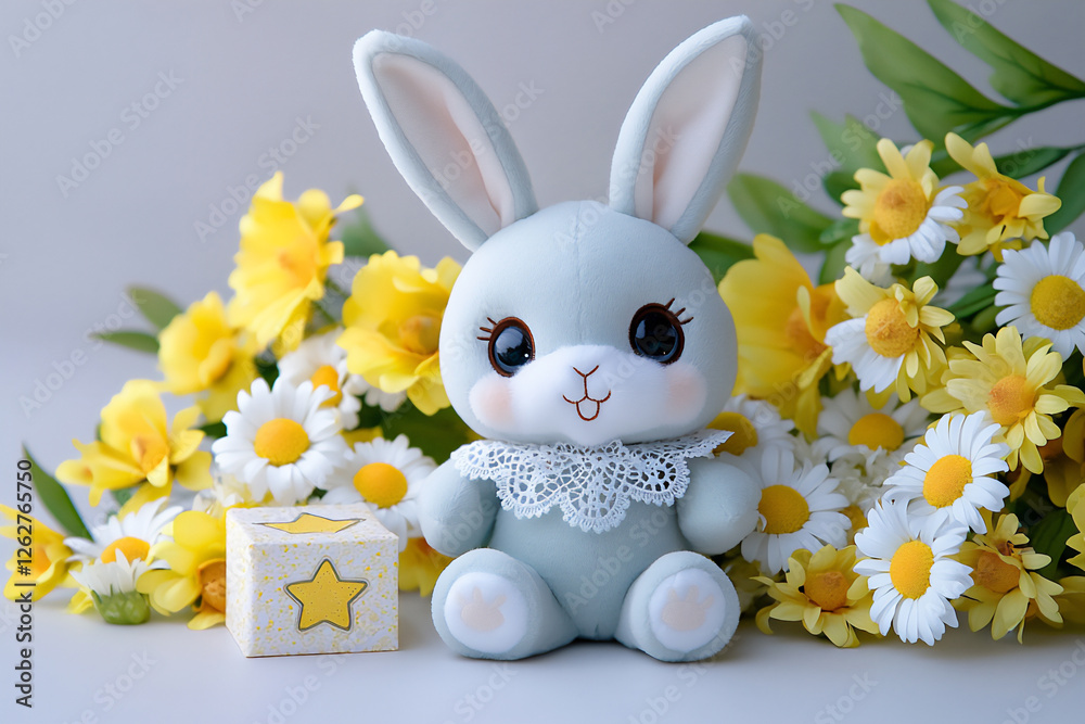 Wall mural  bunny plush with star gift box and daisies