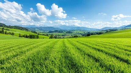 Naklejka premium Green field, mountains, valley, sunny day, nature landscape, travel poster