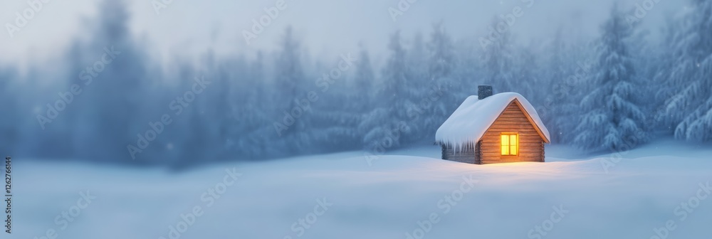 Poster warm light glowing from window of cozy wooden cabin in snow covered forest at dusk, creating a tranq