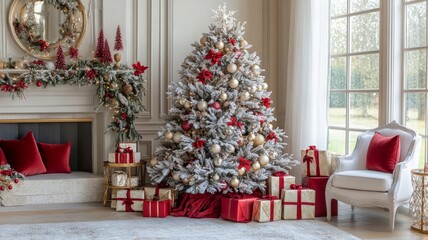 Elegant Christmas tree and gifts in a luxurious living room