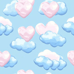 A charming pattern of fluffy heart-shaped clouds in pastel pink and blue, floating on a sky-blue background. A dreamy and whimsical design for children's textiles